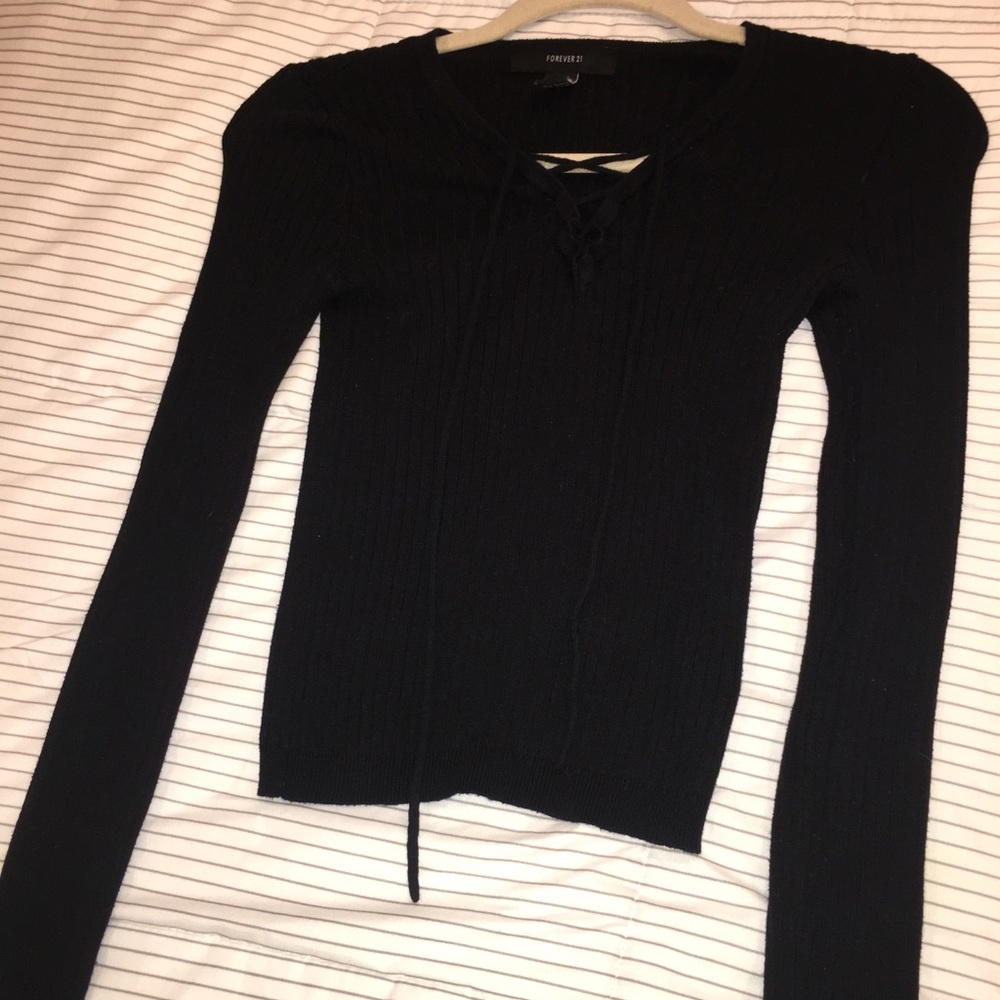 Ribbed Laced Up Shirt  - Black